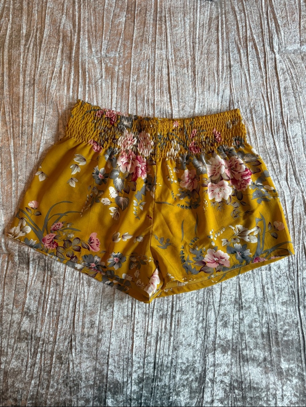 SHEIN Mustard Floral Smocked Waist High-Rise Shorts